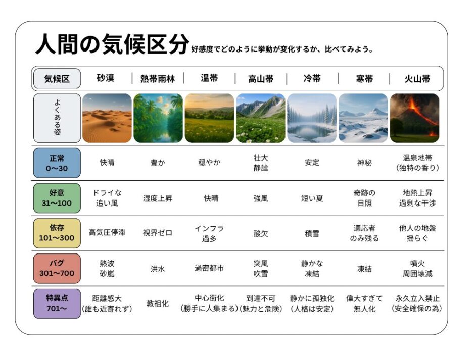 人間を6つの気候区分（砂漠・熱帯雨林・温帯・高山帯・冷帯・寒帯・火山帯）に例え、好感度レベルごとに天気の変化として行動傾向を一覧化した図。各気候の写真、好感度に応じた挙動（快晴・湿度上昇・インフラ過多・砂嵐・教祖化など）が並んでいる。