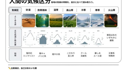 人間の気候区分を比較した一覧表。砂漠・熱帯雨林・温帯・高山帯・冷帯・寒帯・火山帯の画像と架空の気候グラフ、特徴をセットでまとめた図