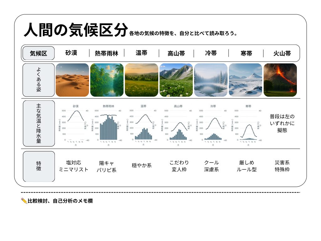 人間の気候区分を比較した一覧表。砂漠・熱帯雨林・温帯・高山帯・冷帯・寒帯・火山帯の画像と架空の気候グラフ、特徴をセットでまとめた図